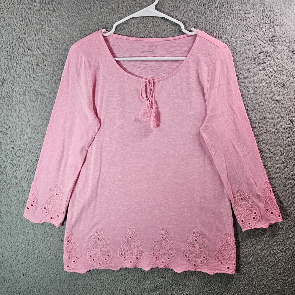 Talbots‎ Top Women XS Embroidered Hem Pink Tie Neck